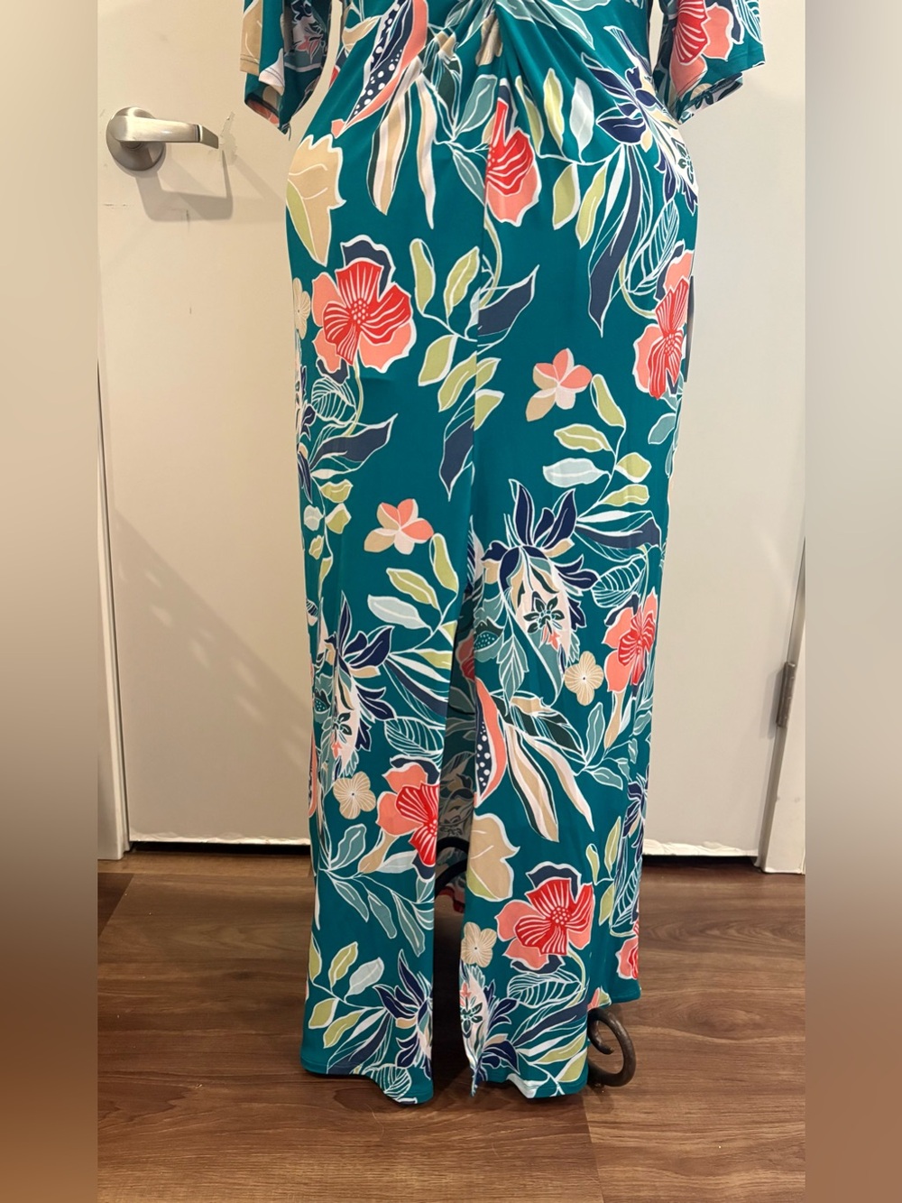 VENUS Teal Floral Knot-Waist Maxi Dress with Coral & Cream Blooms - Picture 5 of 10